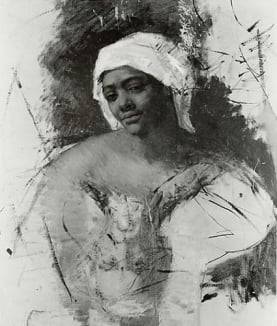 스케치(1871년경). 카사트 가문에서 일했던 가사도우미를 모델로 그림을 그린 뒤 해당 인물에게 선물했다. 위아래가 뒤집어진 남성의 모습은 당초 카사트가 그리던 아버지의 초상화 스케치였다. 화가가 되는 것을 반대하는 아버지에 대한 카사트의 반감은 한때 그만큼 컸다.