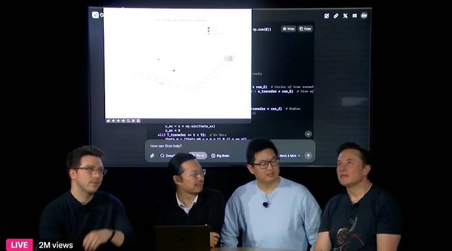 인공지능(AI) 기업 xAI를 이끄는 일론 머스크 테슬라 최고경영자(CEO, 오른쪽)가 17일(현지시각) X 스트리밍으로 최신 인공지능(AI) 모델 ‘그록3’을 공개하고 있다./X 갈무리