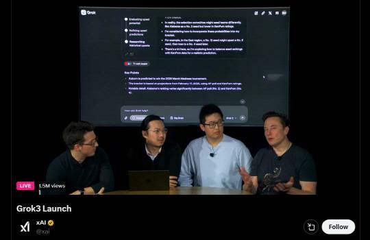 일론 머스크(맨 오른쪽)와 xAI 연구원들이 '그록3'를 시연하고 있다. X 라이브 캡처