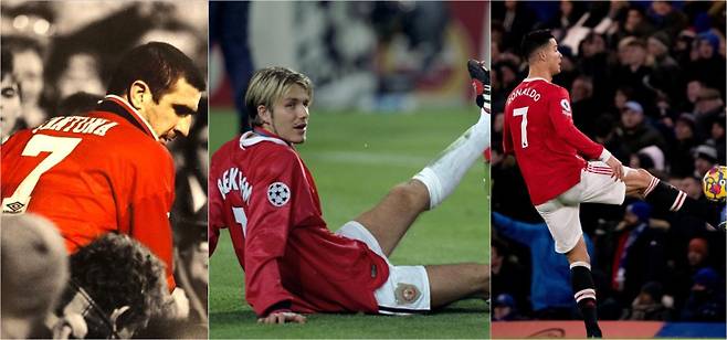 맨유의 유명한 7번 계보를 대표하는 에릭 칸토나, 데이비드 베컴, 크리스티아누 호날두(왼쪽부터). 각 선수 인스타그램