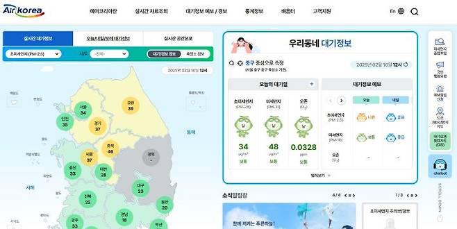'에어코리아' 누리집 접속화면. 에어코리아는 한국환경공단이 운영하는 대기환경정보실시간공개시스템으로 실시간 대기정보 및 관련 각종 국민행동요령을 확인할 수 있다.