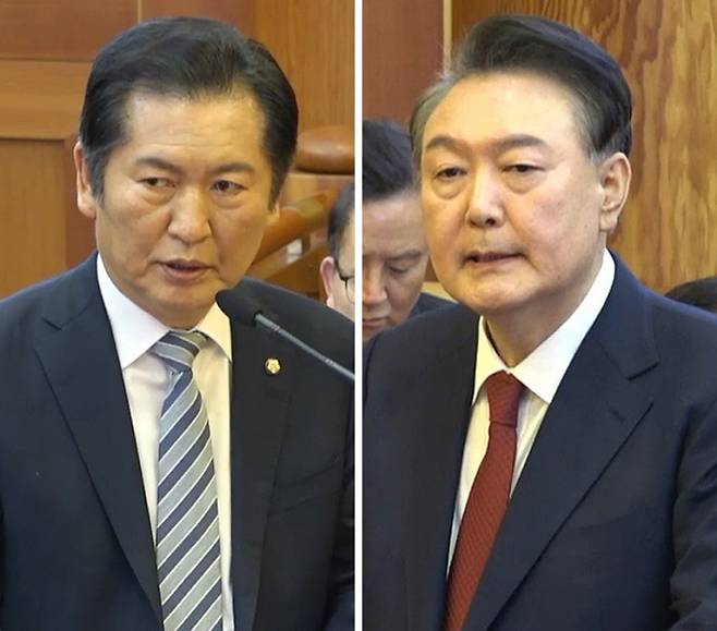 탄핵소추 73일 만에 최후진술 윤석열 대통령 탄핵심판 최종변론이 열린 25일 서울 종로구 헌법재판소 대심판정에서 국회 탄핵소추단장인 정청래 법제사법위원장이 최후진술을 하고 있다(왼쪽 사진). 이어 윤 대통령이 최후진술을 하고 있다. 헌법재판소 제공