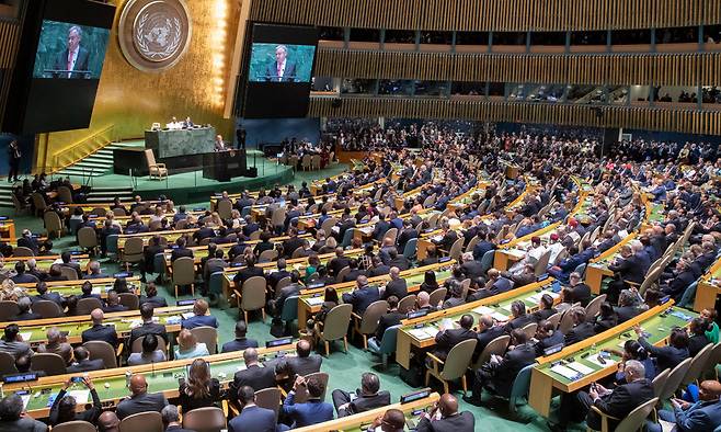 안토니우 구테흐스 유엔 사무총장이 2019년 9월24일 유엔본부에서 열린 제74차 유엔총회에서 연설하고 있다. AP통신