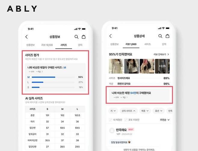 에이블리는 상품 상세 페이지 내 '사이즈 추천 기능'을 대폭 개선했다.