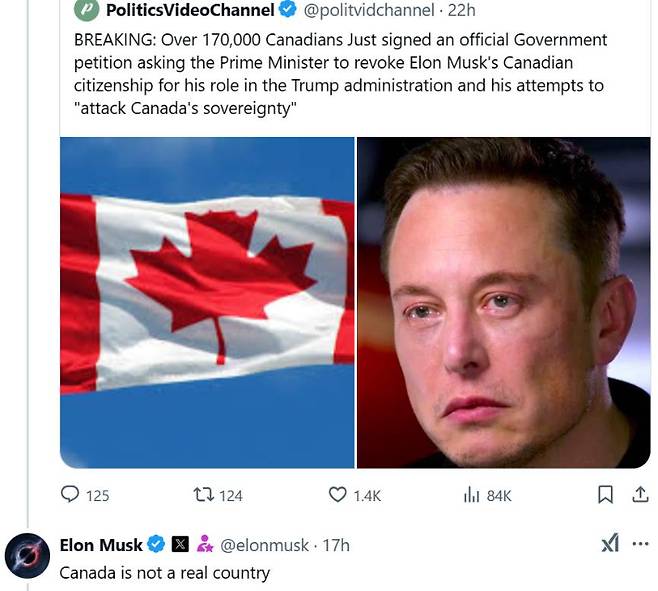 머스크의 캐나다 시민권 박탈을 요구하는 캐나다인들의 청원 소식에 머스크가 쓴 글. X 게시물 캡처