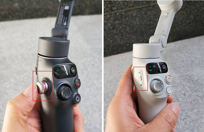 DJI 오즈모 모바일 7P(왼쪽)는 휠, 오즈모 모바일 7(오른쪽)은 슬라이더로 줌 제어가 가능 / 출처=IT동아
