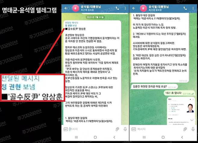 ▲주진우 기자가 공개한 윤석열 대통령과 명태균씨 텔레그램 대화 내용. 클릭하면 사진이 확대됩니다. 사진=주기자 라이브