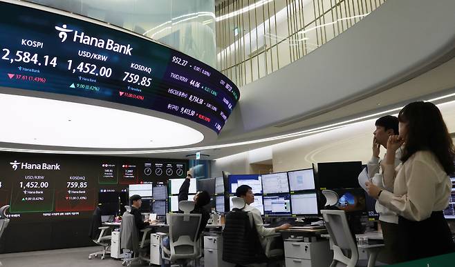28일 오전 서울 중구 하나은행 본점 딜링룸 현황판에 코스피 지수, 원/달러 환율, 코스닥 지수가 표시돼 있다. 이날 코스피는 장 초반 1% 넘게 내려 2,600선을 내줬다. /연합뉴스