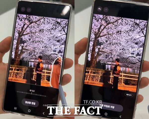 <더팩트> 디지털미디어팀 유영림 기자가 지난 7일 '갤럭시 S25 울트라'로 사진 속 필요 없는 피사체를 지우고 빈자리를 채우는 '생성형 편집' 기능을 시연하고 있다. /이상빈 기자