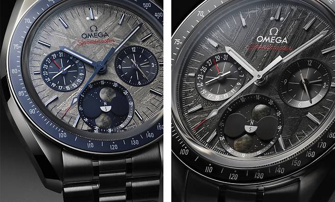 블루와 블랙 2가지 색으로 선보인다. 자연의 소재를 사용한 만큼 다이얼 위 패턴이 모두 다른 것이 특징이다. 사진 오메가