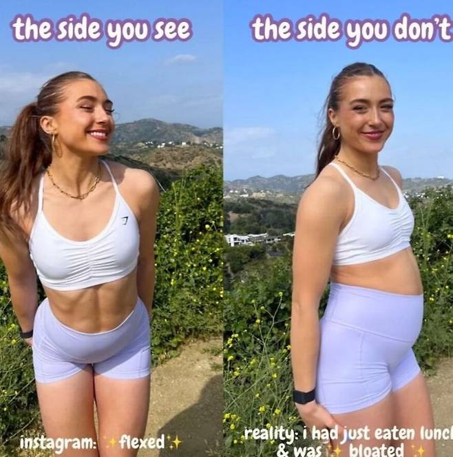 인플루언서 네빌은 "각도에 따라 날씬하거나 실제보다 더 뚱뚱하게 보일 수 있다"며 비교한 사진을 공개했다. 출처=인스타그램