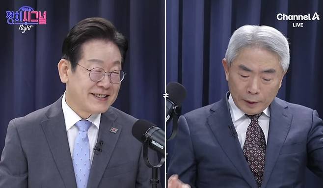 이재명 더불어민주당 대표와 ‘보수논객’ 정규재 전 한국경제신문 주필이 13일 채널에이(A) 유튜브 방송 ‘정치시그널’에서 대담을 하는 모습. 채널에이 유튜브 갈무리