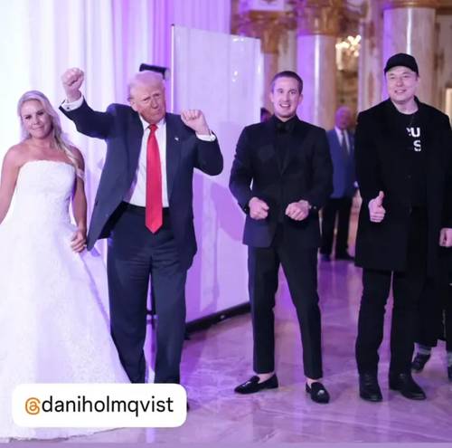 도널드 트럼프 미국 대통령과 일론 머스크 테슬라 CEO(맨 오른쪽)가 지난 14일(현지시간) 다니 옴비스트의 결혼식에서 기념사진을 찍고 있다. 인스타그램 캡처