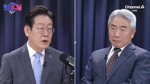 ▲정규재 전 한국경제신문 주필이 지난 12일 채널A 유튜브 정치시그널에 출연해 이재명 더불어민주당 대표와 대담을 하고 있다. 사진=채널A 정치시그널 영상 갈무리