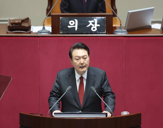 ▲ 윤석열 대통령이 2023년 10월 31일 국회 본회의에서 2024년도 예산안 및 기금운용계획안에 대해 시정연설을 하고 있다. ⓒ연합뉴스