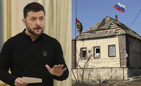 우크라이나 볼로디미르 젤렌스키 대통령과 러시아군이 점령한 쿠르스크 지역 내 건물 모습. AP/EPA 연합뉴스