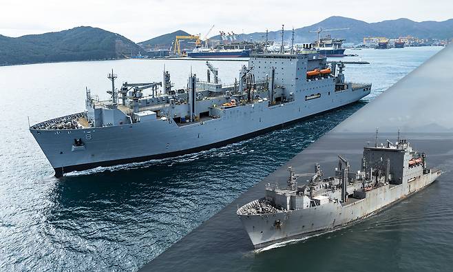 한화오션이 유지·보수·정비(MRO)를 맡은 미국 해군 군수지원함 월리 시라(USNS Wally Schirra)호가 13일 약 6개월간의 작업을 마치고 경남 거제 조선소에서 출항했다. /한화오션 제공