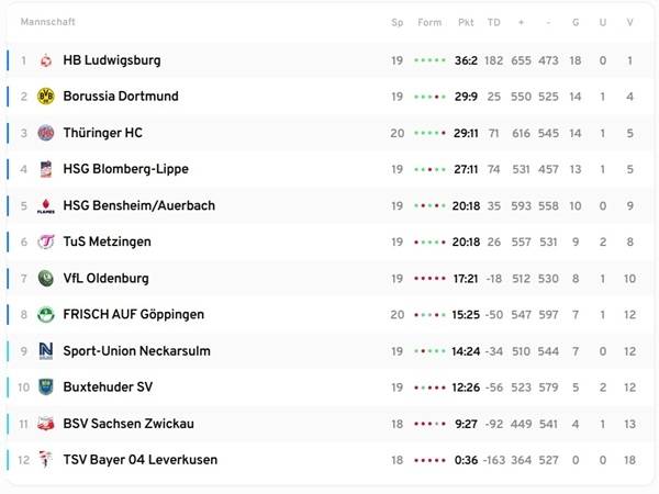 사진 2024/25 시즌 여자 핸드볼 분데스리가 19라운드 현재 순위, 사진 출처=분데스리가