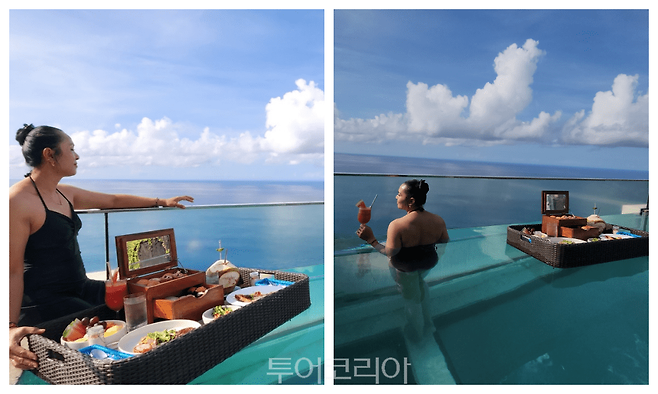 더엣지 인피니티풀에서 바다풍경 즐기며 플로팅조식을 즐길 수 있다.