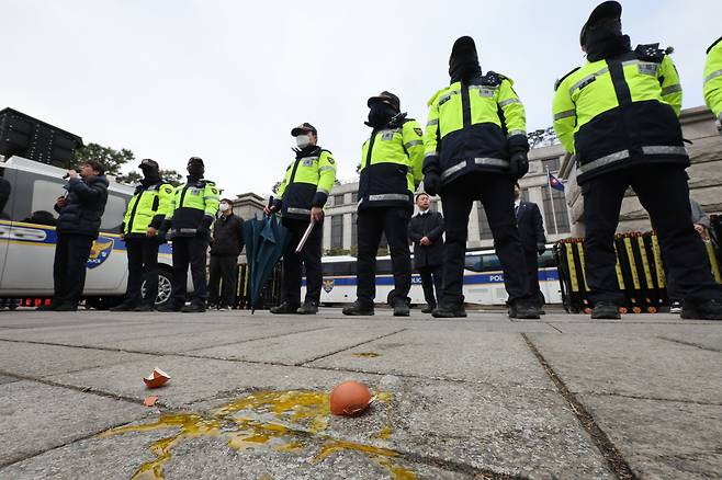 20일 오전 서울 종로구 헌법재판소 앞에 누군가가 던진 계란이 떨어져 있다. /뉴스1
