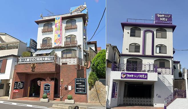 일본 사이타마현의 한 러브호텔 건물(왼쪽)이 장례식장으로 바뀐 모습./엑스(X·옛 트위터)