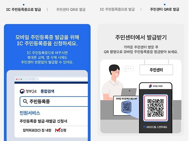 모바일 신분증 발급 방법 (1) IC 주민등록증으로 발급, (2) 주민센터 QR로 발급 (출처= 모바일 신분증 앱 화면)