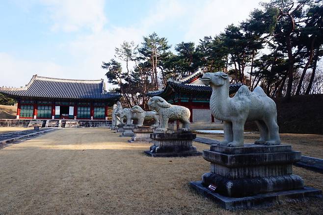 유릉 앞으로 문·무석인과 각종 동물 수석이 놓여있다. 대한제국 선포(1897년) 이전 조선왕릉과 달리 정자각 대신 침전이 자리 잡았고, 석양과 석마 대신 중국 명나랑 황제릉에서 볼 수 있는 기린, 코끼리, 사자, 해태, 낙타 등을 배치했다. 초기 연구들은 이들 석의물이 1919년 설치돼 일제강점기의 영향을 받았다고 분석했지만, 한서대 장경희 교수는 ‘고종황제의 금곡 홍릉 연구’(2007년)에서 고종이 대한제국 선포 뒤 중국에 특사를 보내 명나라 황릉을 연구하고 1900년 강화도에서 석재를 가져와 석의물 위치마다 주춧돌을 박아두는 등 애초부터 홍릉을 황실의 무덤으로 꾸밀 계획을 가지고 있었다고 지적한다. 이준희 기자