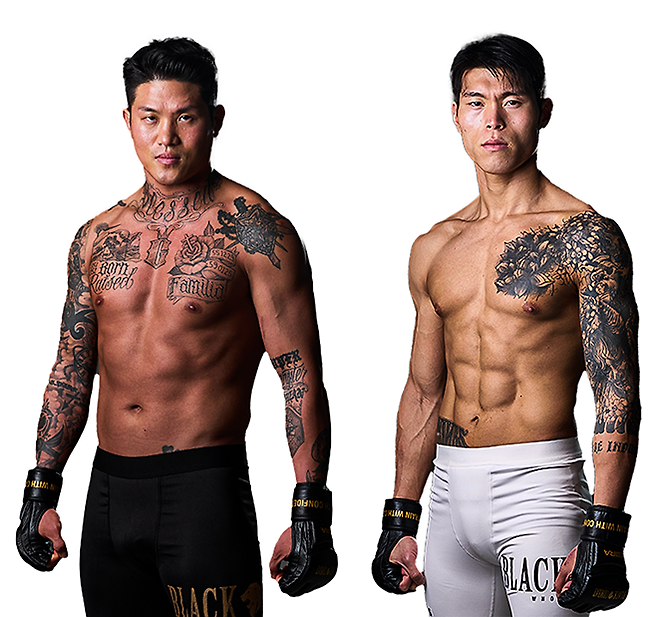일본 HEAT 라이트급 챔피언 박원식(왼쪽), 블랙컴뱃 웰터급 공식 랭킹 2위 최준서. 사진=이데아 파라곤
