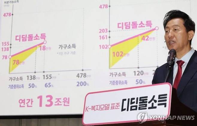 오세훈 서울시장이 24일 시청에서 열린 '디딤돌소득 K-복지 비전 발표 및 공동연구 업무협약식'에서 K-복지 비전을 발표하고 있다. 서울시 제공