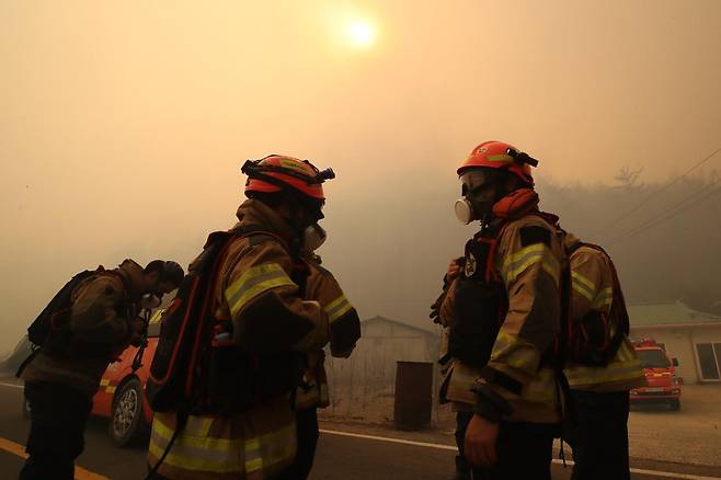 24일 오후 경북 의성군 점곡면 윤암리 한 야산 아래 민가로 산불이 강풍을 타고 번지자 현장에 출동한 경상북도 119산불특수대응단이 장비를 착용하고 있다. 2025.3.24/뉴스1 ⓒ News1