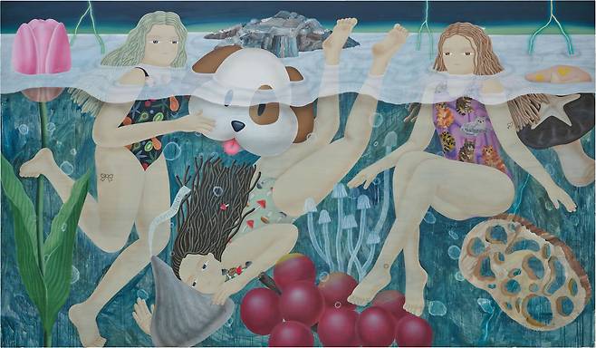 이미주, Fruit cocktail_world, 캔버스에 아크릴, 162 x 278 cm, 2025