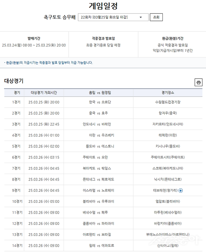 축구토토 승무패 22회차 대상경기