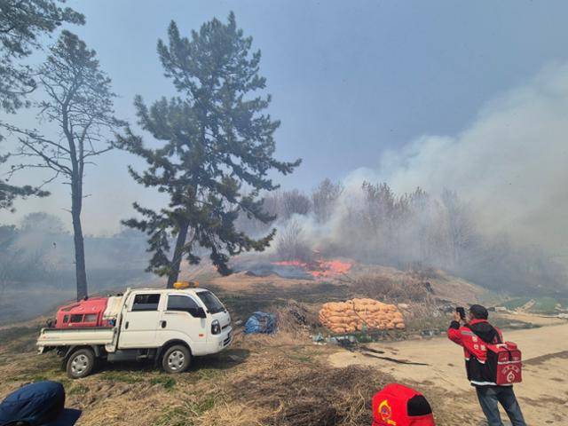 24일 전북 김제시 금산면 용호리 야산에서 불이 났다. 소방 당국은 '산소에서 부탄가스로 음식을 조리하던 중 건초에 불이 붙은 것 같다'는 성묘객 진술을 토대로 정확한 사고 경위를 조사하고 있다. 전북도소방본부 제공