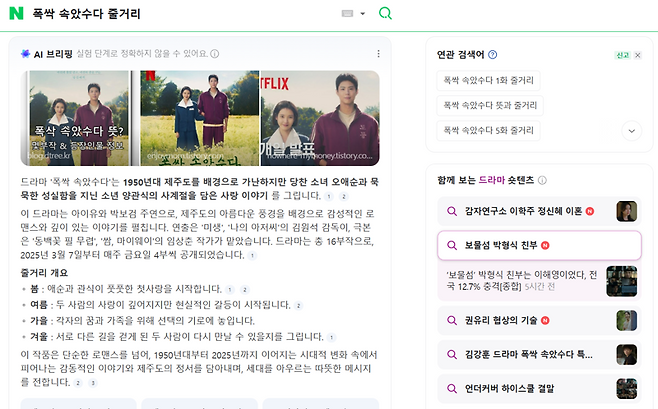 네이버 '폭싹 속았수다 줄거리' 검색 결과 'AI 브리핑' 발췌.