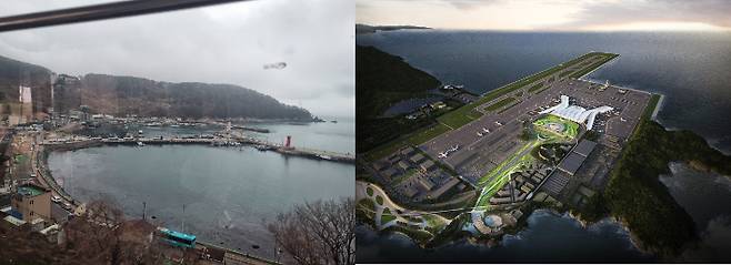 대항전망대에서 내려가는 길에 보이는 가덕도 마을 전경(왼쪽)과 가덕도신공항 부지조성 설계안. 왼쪽 사진에 담긴 바닷물과 마을, 산이 모두 매립·철거되고 오른쪽처럼 공항시설이 들어서게 된다. 최서윤 기자·가덕도신공항건설공단 제공