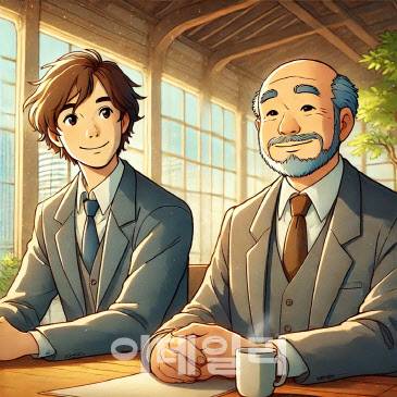 챗GPT가 지브리 화풍으로 그린 샘올트먼 오픈AI CEO와 손정의 소프트뱅크 회장을 닮은 인물들 그림.