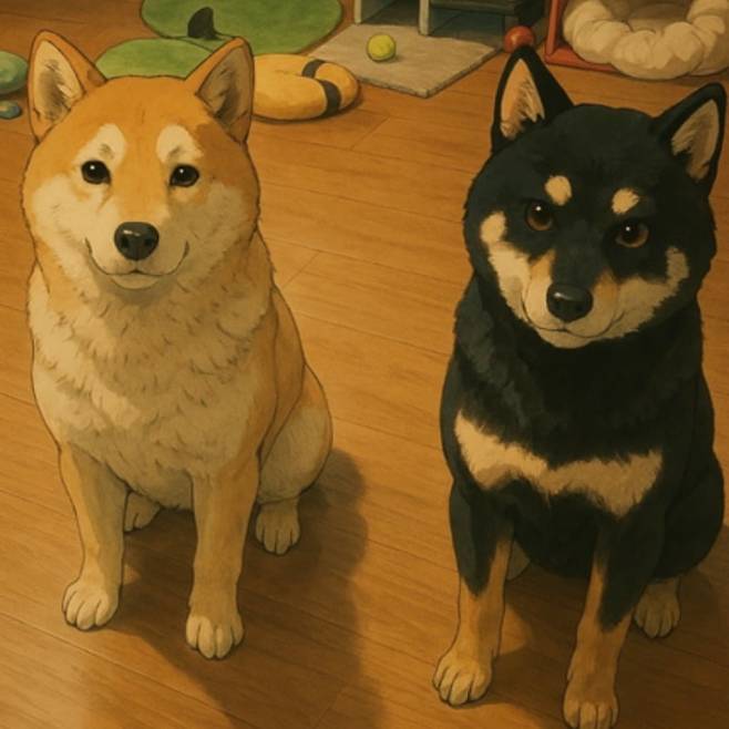 기자 가족의 반려견 켈리와 기네스를 챗GPT 지브리풍으로 변환한 이미지.