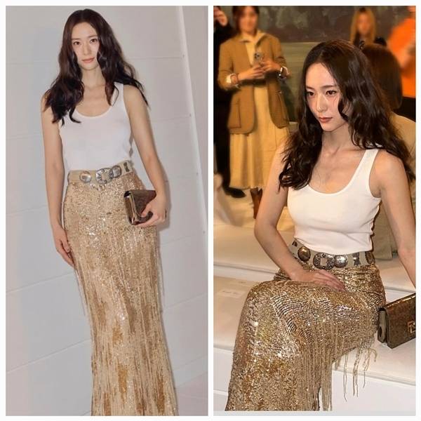 정수정(크리스탈)이 조명보다 더 눈부셨다. 반짝이는 시퀸 드레스에 화이트 민소매로 온도까지 고려한 스타일링으로, 그녀는 그 자체로 샹들리에가 됐다. 사진=SNS