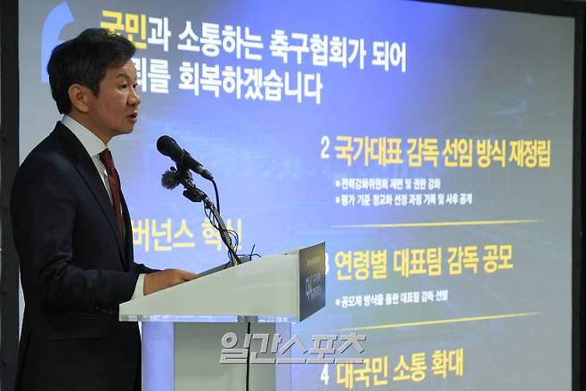 <yonhap photo-1332=""> 정몽규 대한축구협회장 후보 공약 발표 (서울=연합뉴스) 신현우 기자 = 제55대 대한축구협회장 선거를 통해 4선에 도전하는 정몽규 후보가 26일 오전 서울 종로구 축구회관에서 공약을 발표하고 있다. 2024.12.26 nowwego@yna.co.kr/2024-12-26 11:43:22/ <저작권자 ⓒ 1980-2024 ㈜연합뉴스. 무단 전재 재배포 금지, AI 학습 및 활용 금지></yonhap>