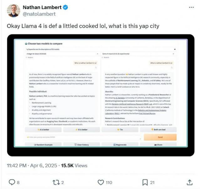 'LM 아레나' 테스트에서 2위를 차지한 모델 '매버릭'이 일반 매버릭 버전과 다르다는 의혹이 개발자들 사이에서 나왔다. (사진=X)