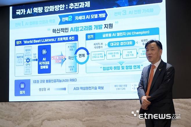 강도현 과학기술정보통신부 차관 초청 대한민국IT구루 간담회가 8일 서울 중구 더존을지타워에서 열렸다. 강도현 과학기술정보통신부 차관이 주요 정책 소개를 하고 있다. 김민수기자 mskim@etnews.com