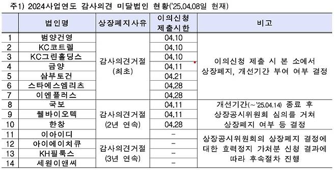 2024사업연도 감사의견 미달 법인 현황.(한국거래소 제공)