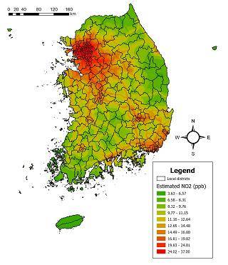 포스텍이 내놓은 전국 이산화질소 평균 농도 고화질 지도. 호흡기 질환을 일으킬 수 있는 이산화질소 오염도가 서울 등 수도권에서 높은 것을 확인할 수 있다. 포스텍 제공