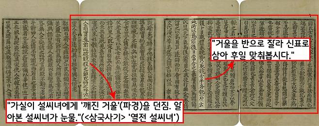 신라판 파경중원의 설화를 담은 <삼국사기> ‘열전 설씨녀’. 설씨녀가 늙은 아버지를 위해 대신 군역(군복무)에 나선 가실 총각에게 반으로 깬 거울을 혼인의 신표로 나눠 주었고, 6년 후 우여곡절 끝에 돌아온 가실의 거울과 맞춰보았다는 내용을 담고 있다.