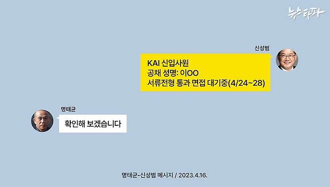 ▲신성범 의원과 명태균 씨가 나눈 카카오톡(2023.4.16.) 명태균PC 포렌식 복원 후 이미지 재구성