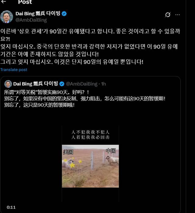 다이빙 주한중국대사 X