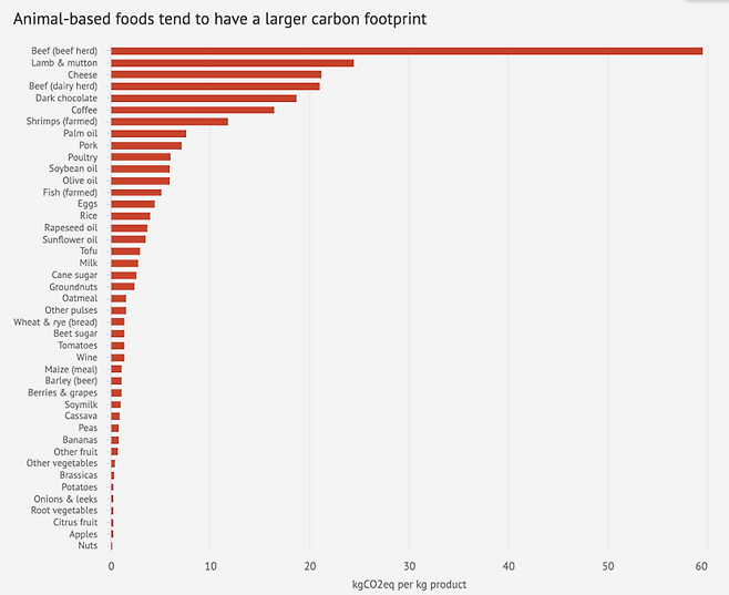 동물성 식품은 탄소 발자국이 더 큰 경향을 보인다. (Dr Hannah Ritchie, Our World in Data, 2020) /사진=카본브리프 홈페이지 갈무리