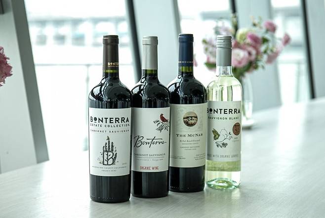 본테라 와인 4종. (왼쪽부터)에스테이트, 카베르네소비뇽, 맥냅, 소비뇽블랑. 사진=아영FBC 제공