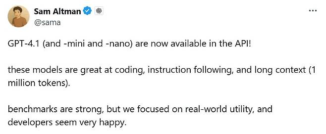 샘 올트먼 오픈AI 최고경영자(CEO)는 엑스(X·옛 트위터)에 "GPT-4.1은 벤치마크 결과도 좋지만, 우리는 실제 사용성에 집중했다"며 "개발자들의 반응도 긍정적이다"라고 썼다./ X
