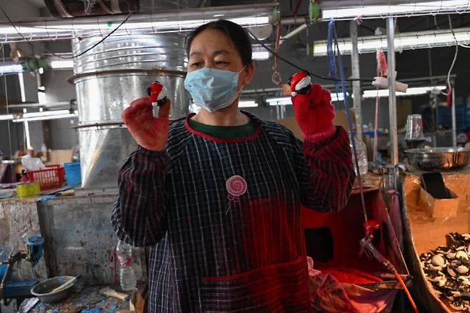 중국 저장성 이우의 플라스틱 제조 공장에서 직원이 장난감 제품을 보여주고 있다. (사진=AFP)